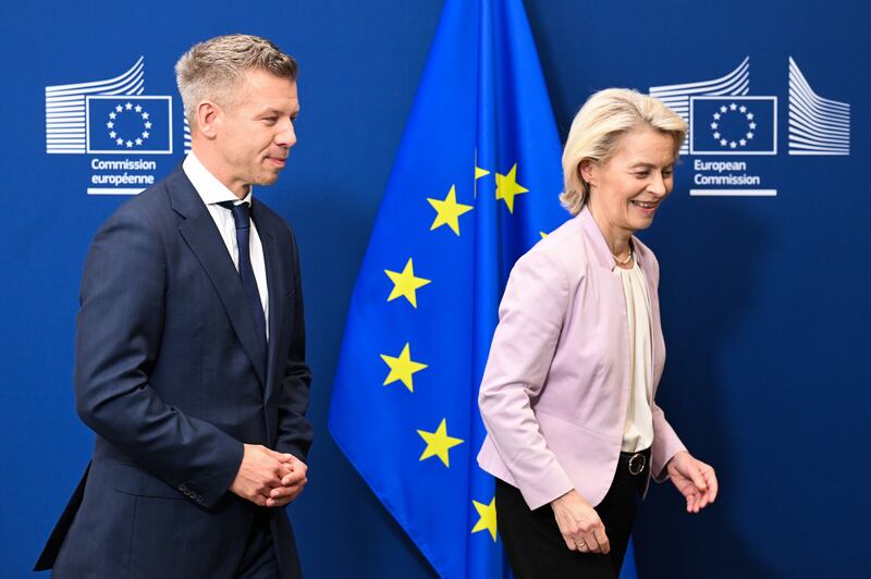 Peter Magyar with European Commission president Ursula von der Leyen in Brussels in May after his election as Hungary's prime minister. Photographer: Wiktor Dabkowski/Bloomberg