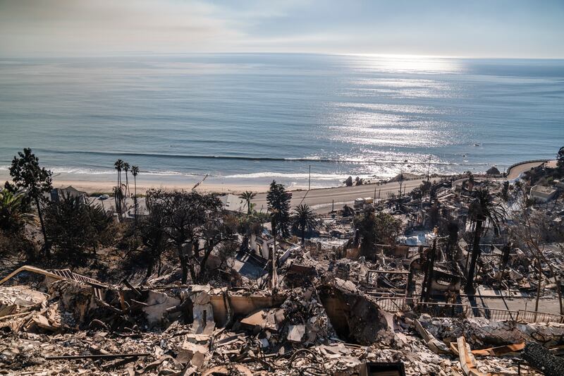 Burned homes in the Pacific Palisades neighbourhood of Los Angeles. Photograph: Ariana Drehsler/New York Times
                      