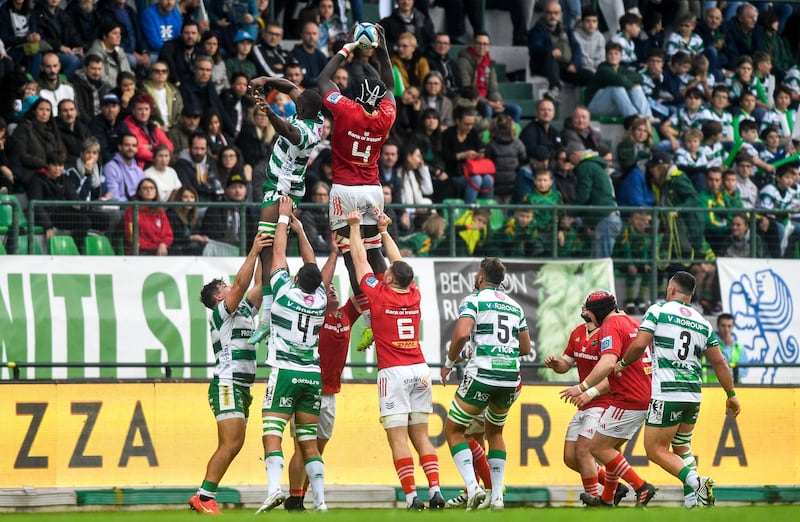 Munster’s Edwin Edogbo wins a lineout. Photograph: Luca Sighinolfi/Inpho