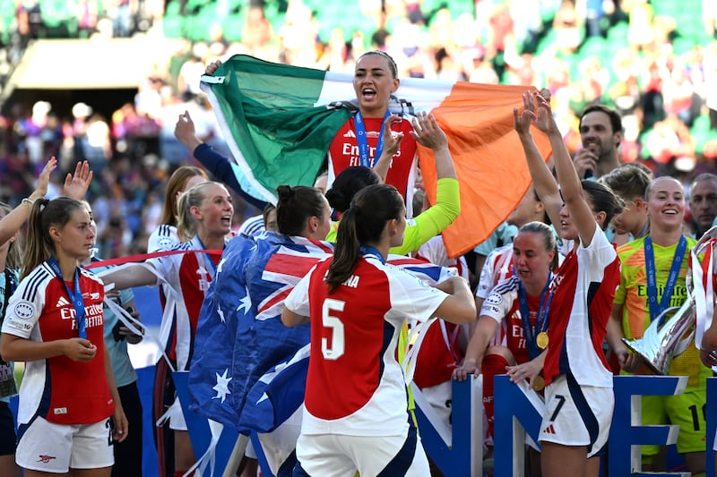 Katie McCabe celebrates with her Arsenal team-mates after their win over Barcelona in the Champions League final. Photograph: Zed Jameson/PA