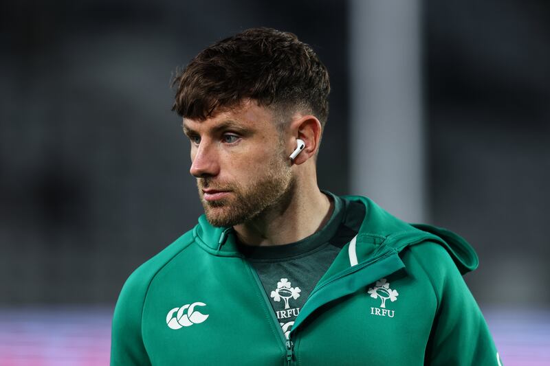  Ireland's Hugo Keenan inspects the pitch ahead of the match. Photograph: Ben Brady/Inpho