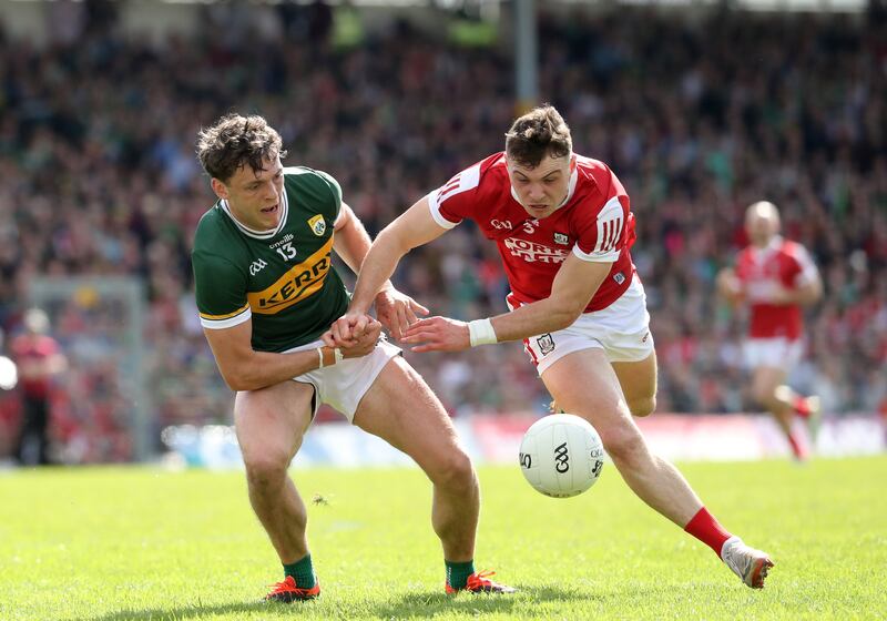 Kerry's David Clifford battles with Cork's Daniel O’Mahony in Killarney last weekend. Photograph: Bryan Keane/Inpho