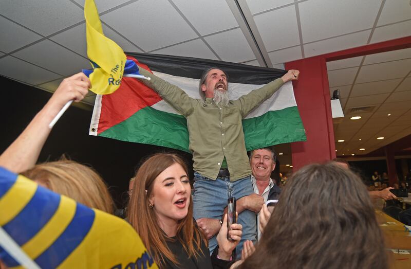 Luke 'Ming' Flanagan with a Palestinian flag after being re-elected as an MEP. Photograph: Conor McKeown/PA Wire