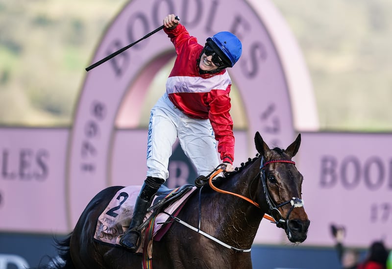 Rachael Blackmore celebrates after winning the 2022 Cheltenham Gold Cup on A Plus Tard. Photograph: David Davies/PA Wire