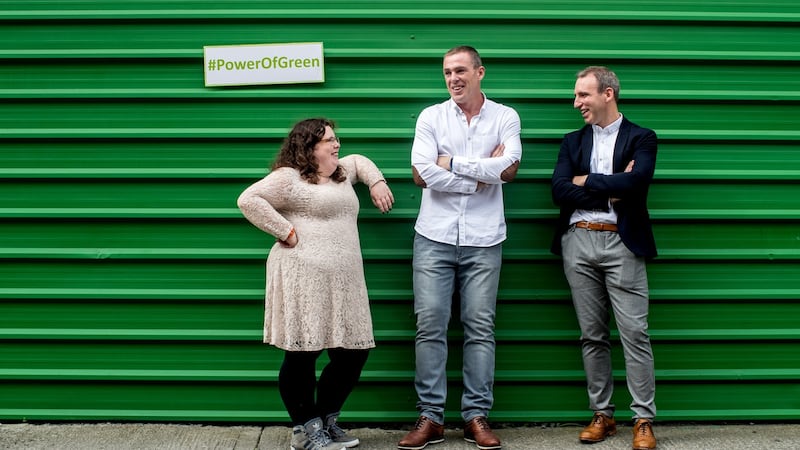 Comedian Alison Spittle, Richard Dunne and  Enda McNulty  at the launch SSE Airtricity’s Power of Green campaign. Photograph: James Crombie/Inpho