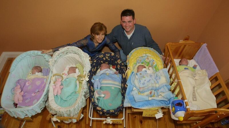 Veronica and Kevin Cassidy with  newly-arrived quins  Dearbhail, Amy, Rory, Cian and Conor at home in Bridgetown, Co Wexford.  Photograph:  Jim Walpole