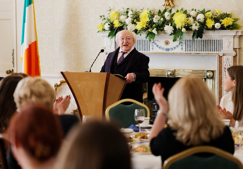 President Higgins addressing guests at the final afternoon tea party. Photograph: Alan Betson 

