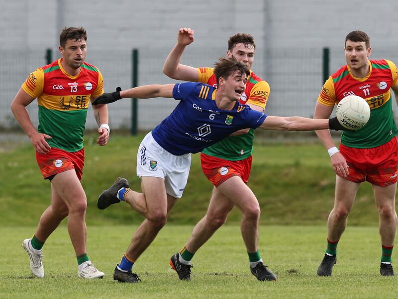 Wicklow's Patrick O'Keane and Jordan Morrissey of Carlow during the teams' Tailteann Cup clash in 2023. Photograph: Lorraine O’Sullivan/Inpho