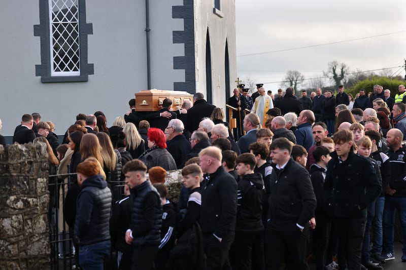 Mourners at the funeral of Shay Duffy, at St Patrick's Church, Rockchapel, Co. Monaghan. Photograph: Dara Mac Dónaill 