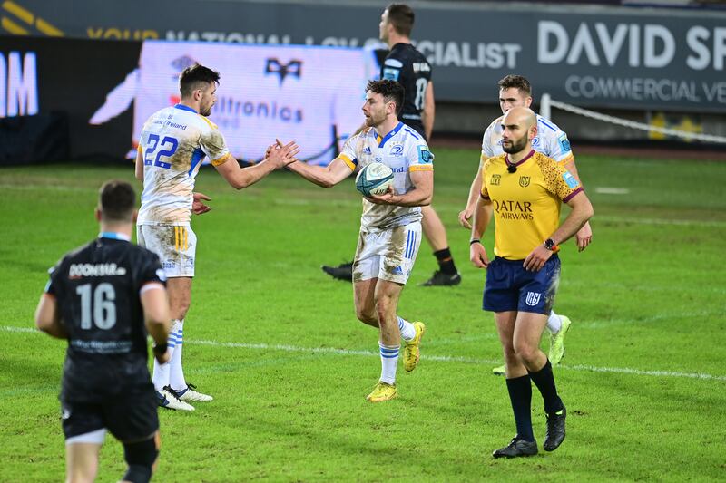 Hugo Keenan celebrates scoring Leinster's second try against Ospreys  last week. Photograph: Ashley Crowden/Inpho 