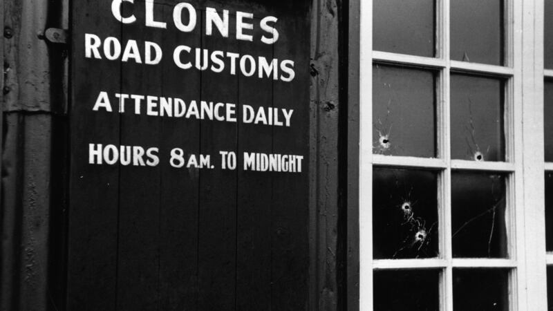The Clones Road customs post showing bullet holes in the window and door. Photograph:   Charles Hewitt/Picture Post/Getty Images