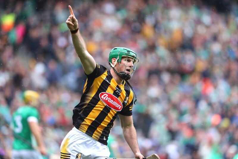 Kilkenny's Eoin Cody celebrates scoring a goal in the first half, at the end of which Kilkenny led 1-9 to 0-9. Photograph: Bryan Keane/Inpho
