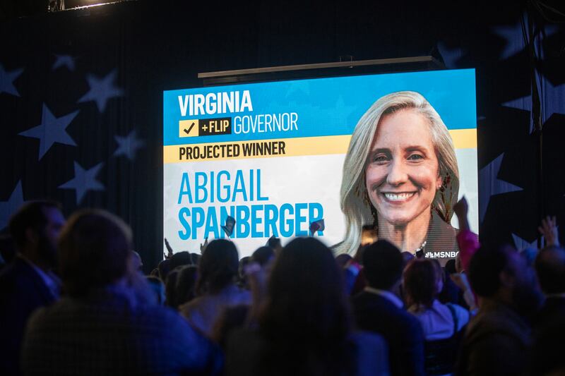 A screen displays Abigail Spanberger as the projected winner of the Virginia gubernatorial election on Tuesday. Photograph: Kirsten Luce/The New York Times
                      