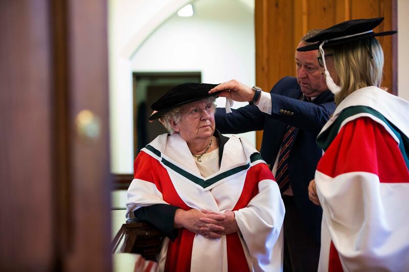 Nell McCafferty preparing to receive an honorary doctorate from University College Cork. Photograph: Clare Keogh