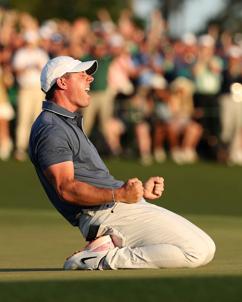 Rory McIlroy of Northern Ireland celebrates winning the 2025 Masters. Photograph: Richard Heathcote/Getty