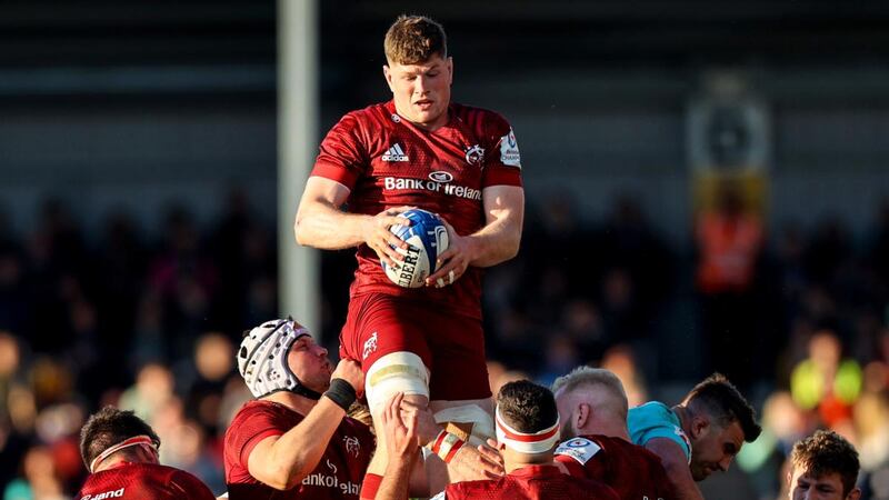 Munster’s Jack O’Donoghue wins a lineout during the Heineken Champions Cup Round of 16, first leg against Exeter at   Sandy Park. Photograph: Ben Brady/Inpho