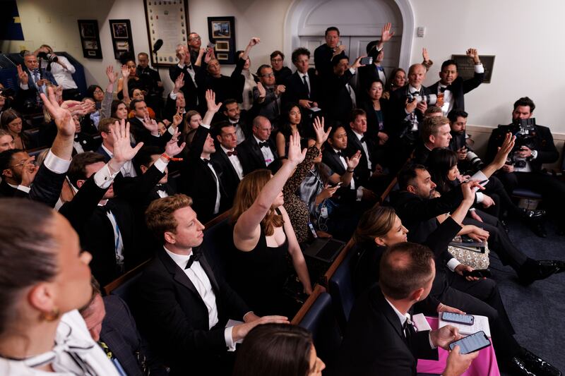 Reporters attended the press briefing following the evacuation from the hotel. Photograph: Will Oliver/ EPA