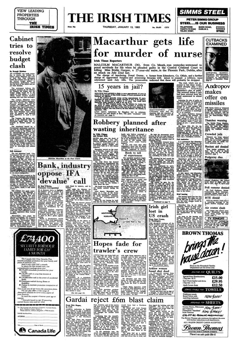 The front page of The Irish Times on January 13th, 1983