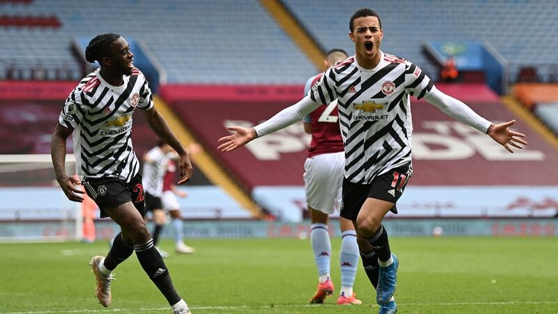Mason Greenwood celebrates after giving Manchester United the lead against Aston Villa. Photograph: Shaun Botterill/Getty/AFP