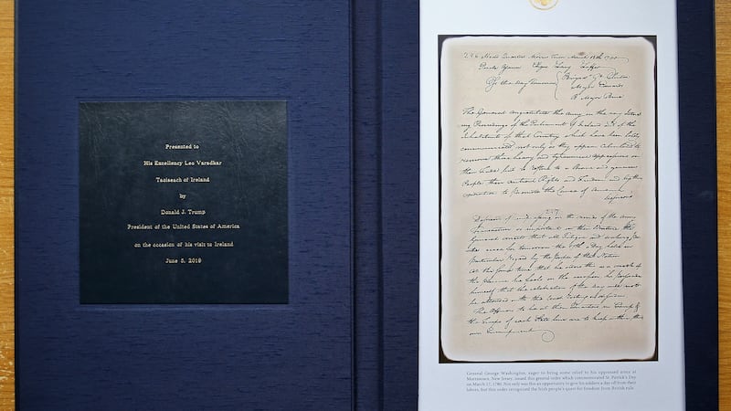 The leather-bound parchment presented to Taoiseach Leo Varadkar by President Donald Trump. Photograph: Crispin Rodwell
