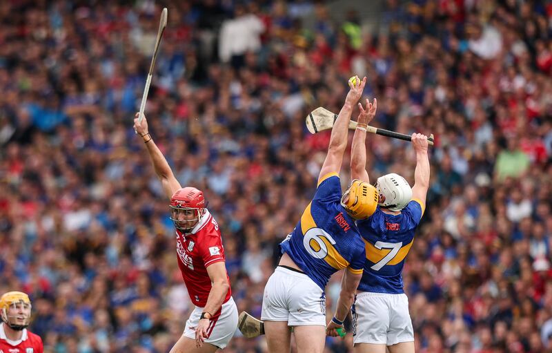 Cork's Brian Hayes loses out on a high ball as Tipperary's Ronan Maher and Bryan O'Mara get their timing right during last year's All-Ireland Senior Hurling Championship final at Croke Park. Photograph: Ryan Byrne/Inpho