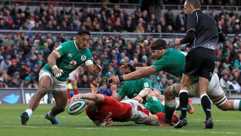 Hadleigh Parkes reaches to touch down against Ireland, a try which was later disallowed. Photograph: Donall Farmer/PA