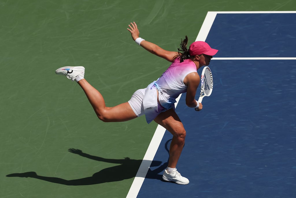 Iga Swiatek of Poland serves against Kamilla Rakhimova of Russia. Photograph: Matthew Stockman/Getty