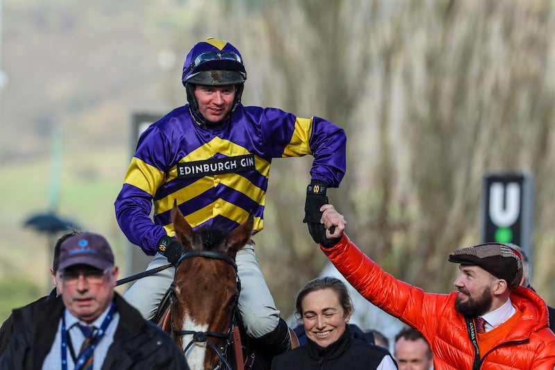 Derek Fox on Corach Rambler celebrates after winning last year's English Grand National. Photograph: Tom Maher/Inpho