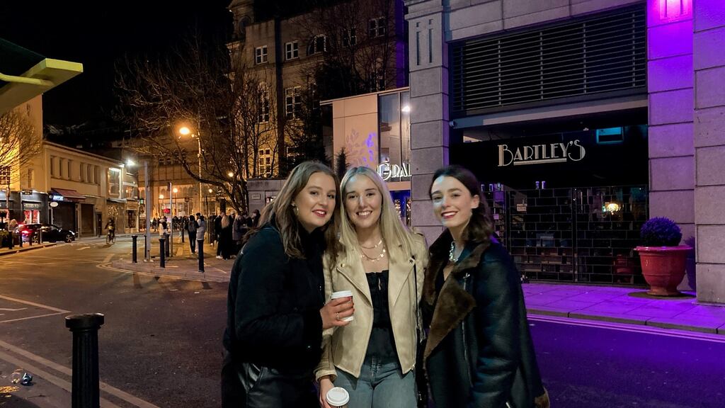 Clodagh Ellis with friends Aoife and Sophie in Dublin city centre on Saturday night. Photograph: Jade Wilson