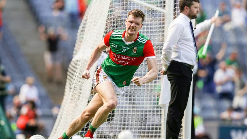 Mayo’s Matthew Ruane celebrates after scoring a goal in the Connacht SFC Final against Galway at Croke Park. Photograph: Tommy Dickson/Inpho