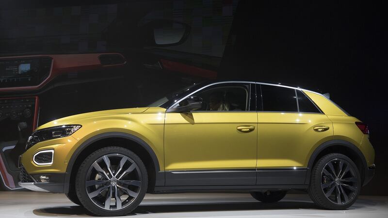 A Volkswagen AG  T-Roc compact SUV sits on display during its world premiere event at Villa Erba Congress Centre in Cernobbio, Italy. Photograph: Simon Dawson/Bloomberg