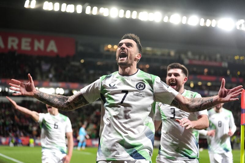 Troy Parrott celebrates scoring Ireland's first goal from the penalty spot during the World Cup playoff semi-final against the Czech Republic at the Fortuna Arena in Prague. Photograph: Adam Davy/PA Wire