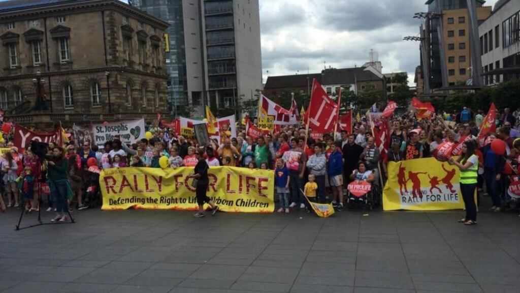 Thousands gathered in city centre Belfast today for the Rally for Life demonstration. Photograph: Gerry Moriarty