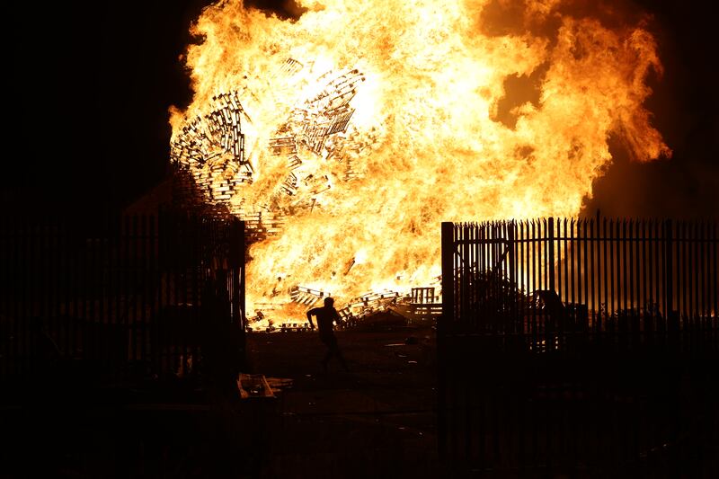 A bonfire burns at Roden Street, Belfast. Photograph: Liam McBurney/PA 