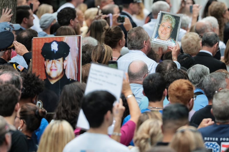 People watch a ceremony commemorating the 25th anniversary of the September 11th terrorist attacks on the World Trade Center at the National 9/11 Memorial & Museum on September 11th, 2026 in New York City. Photograph: Michael M. Santiago/Getty Images