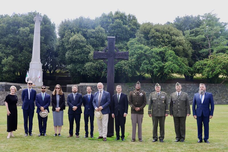 British ambassador to Ireland Kara Owen with guests with the Ginchy Cross in the background at the annual Islandbridge commemoration in Dublin
