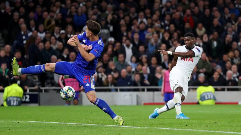 Serge Aurier  scores  Tottenham Hotspur team’s third goal during the  Champions League Group B match against  Olympiakos at Tottenham Hotspur Stadium. Photograph: Catherine Ivill/Getty Images