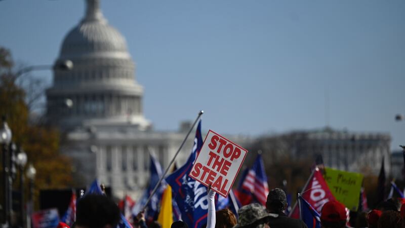 Supporters of US President Donald Trump rally in Washington, DC, on Saturday, November 14th, 2020.  Supporters are backing Mr Trump’s claim that the November 3rd election was fraudulent. Photograph: Andrew Caballero-Reynolds/AFP/Getty
