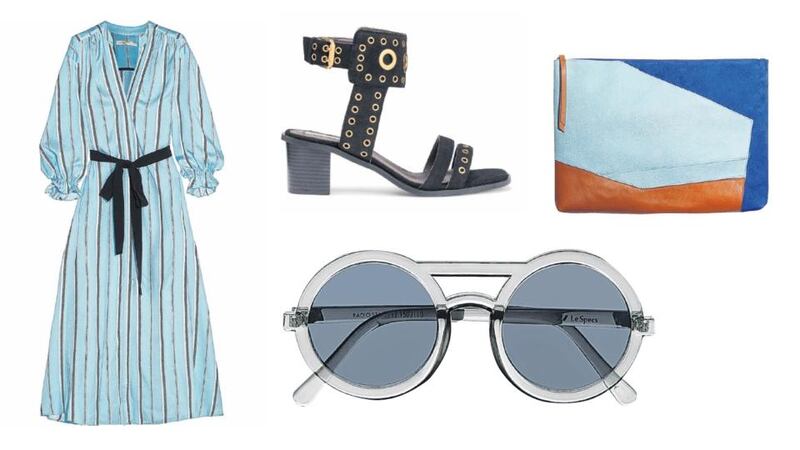 SMART CASUAL: Maje striped maxi dress, €250; Other Stories leather patch clutch, €135 H&M; eyelet detail heels, €59.95; Le Specs perspex round sunglasses, €45 from netaporter.com