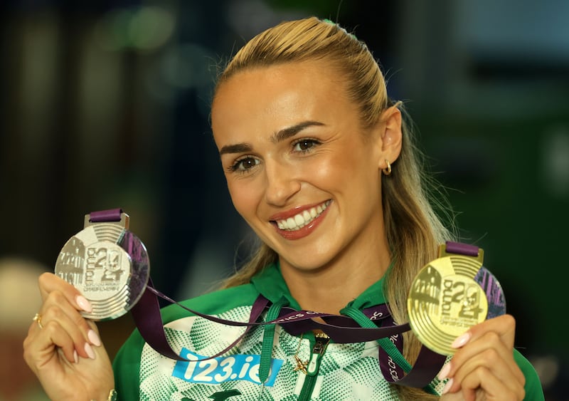 Sharlene Mawdsley poses with her medal at the airport. Photograph: Colin Keegan/Collins Dublin