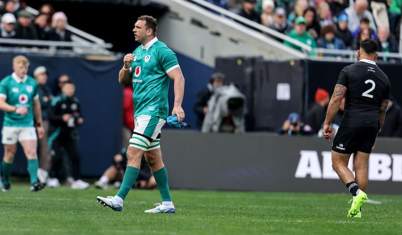 Ireland’s Tadhg Beirne dejected after being sent to the sin bin for a yellow card before it was upgraded to a red. Photograph: Dan Sheridan/Inpho