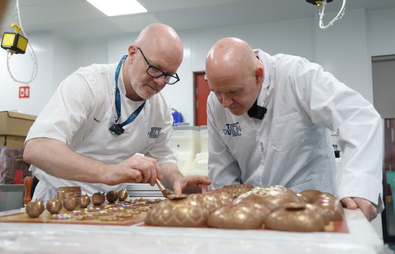 Paul Kelly, executive pastry chef at the Merrion Hotel and lecturer at TU Dublin, shows Conor Pope the ropes. Photograph: Bryan O’Brien