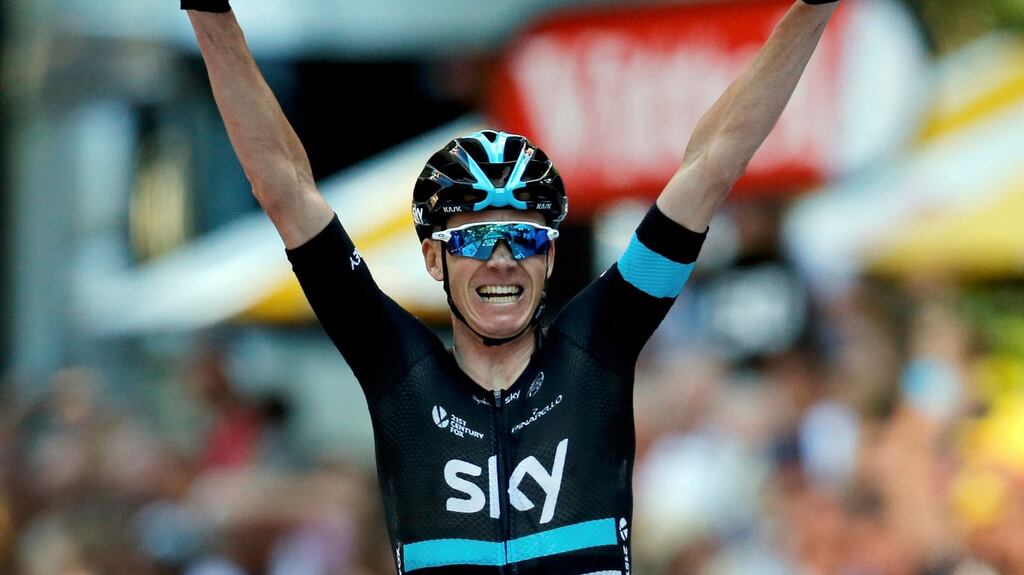 Team Sky rider Chris Froome celebrates his win on stage eighth of the Tour de France at Bagneres-de-Luchon. Photograph: Jean-Paul Pelissier/Reuters