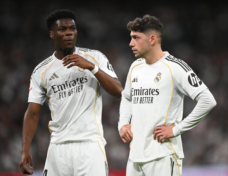 Aurelien Tchouameni and Federico Valverde of Real Madrid. Photograph: Denis Doyle/Getty