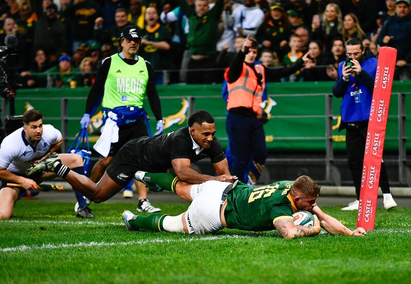 South Africa's Malcolm Marx scores a try against New Zealand in CApe Town earlier this month. Photograph: Ashley Vlotman/Gallo Images/Getty Images