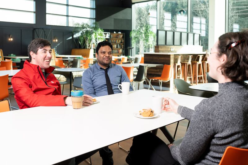 Moore and colleagues Aditya Agrawal and Ciara Beaton in the on-site restaurant