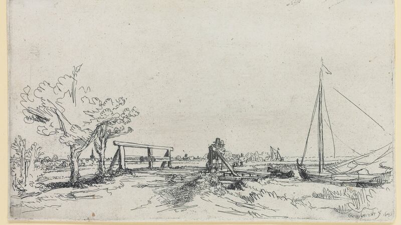 An etching by Rembrandt called Six’s Bridge, which is on display at the Ulster Museum. Photograph: Darren Kidd/National Museums NI/PA Wire.