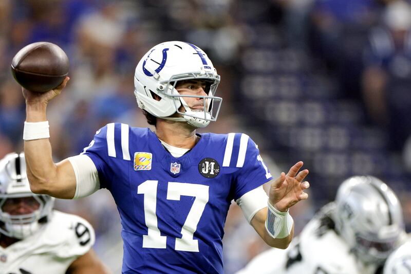 Indianapolis Colts Daniel Jones throws a pass during the second quarter against the Las Vegas Raiders at Lucas Oil Stadium in Indianapolis. Photograph: Michael Hickey/Getty Images