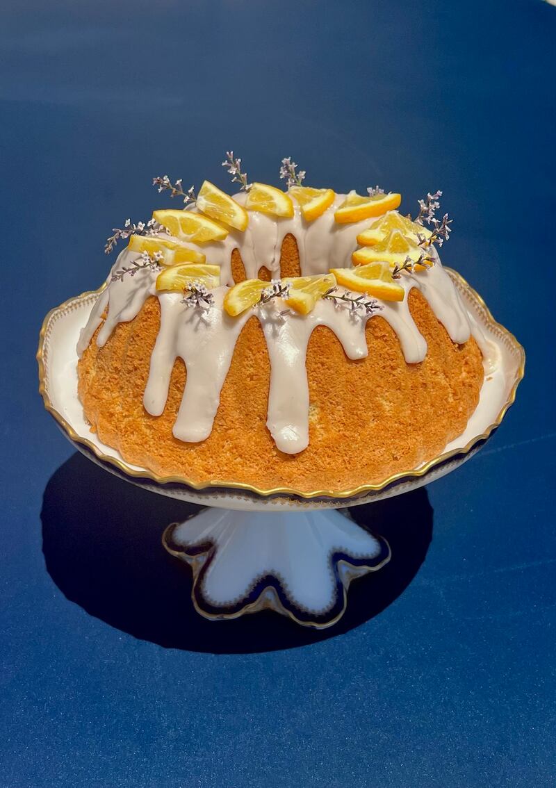 Eve Meehan's gluten-free cake flavoured with lemon zest and served with lemon icing and meyer lemon slices.