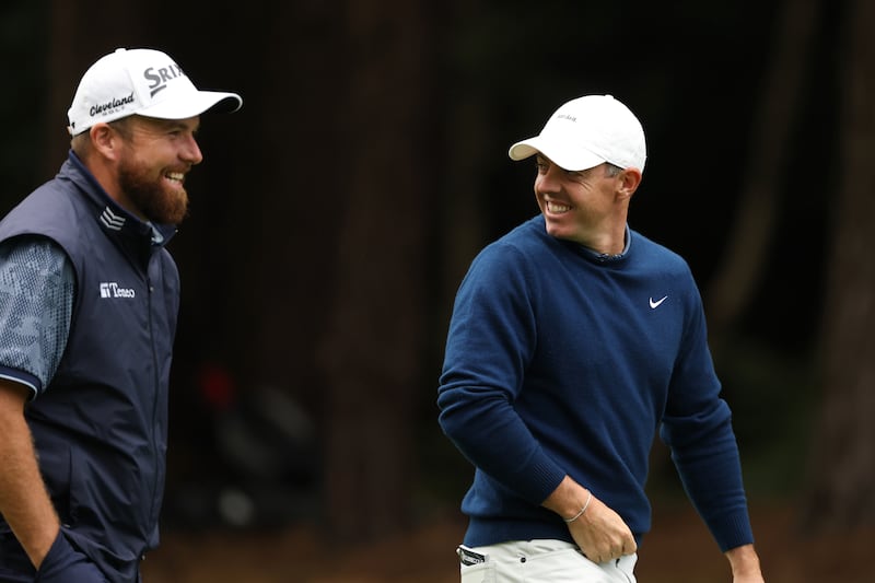 Shane Lowry and Rory McIlroy share a joke at the BMW PGA Championship at Wentworth earlier this month. Photograph: Richard Heathcote/Getty